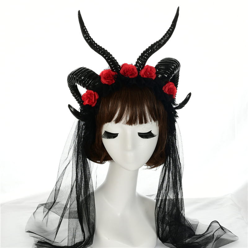 simulation horn lace dark witch headband featuring black horned lace with red roses and a sheer black veil