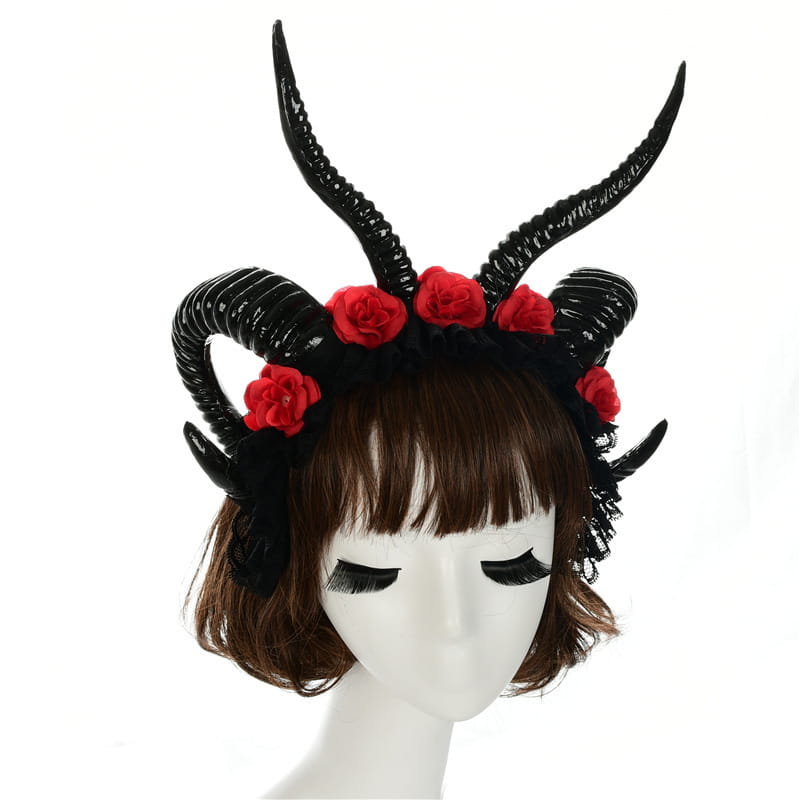 Black horned headpiece featuring simulation horn lace and adorned with red fabric roses for a lace dark witch look.