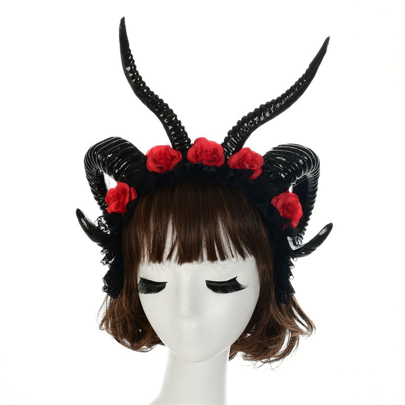 black horned headpiece featuring red fabric roses designed as a simulation horn lace dark witch headband