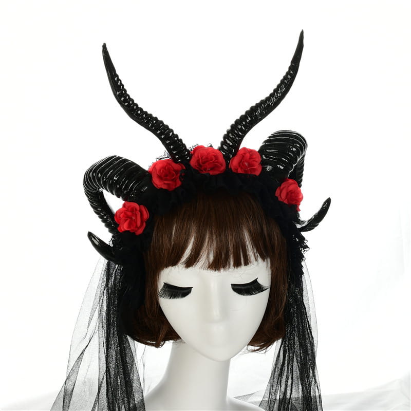 black horn lace dark witch headband featuring simulation horn lace, red fabric roses, and a black mesh veil.