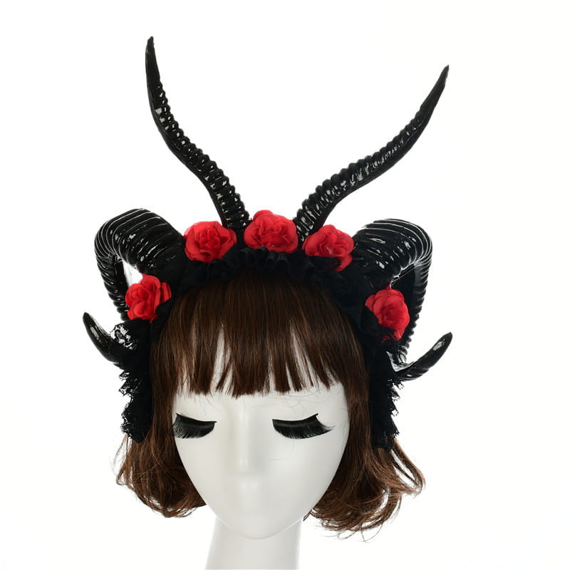 Black horn lace dark witch headband featuring simulation horn lace adorned with red fabric roses.