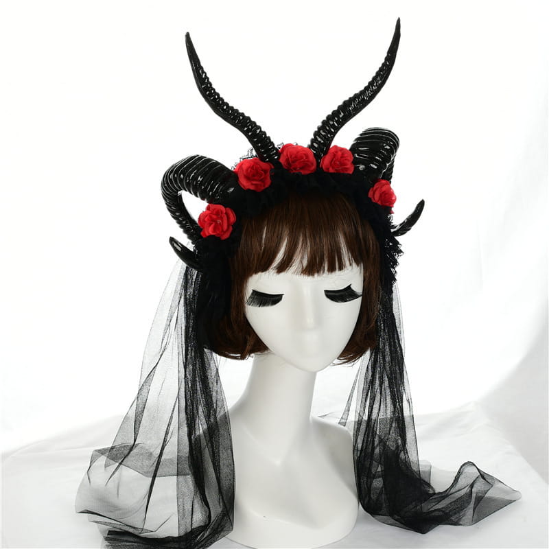 black horned simulation horn lace headband adorned with red roses and a sheer black veil for a lace dark witch look
