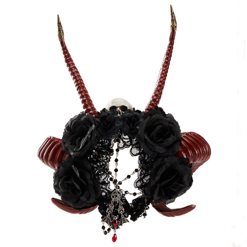 black lace gothic dark devil headband with red antelope horns, black roses, and a central skull pendant