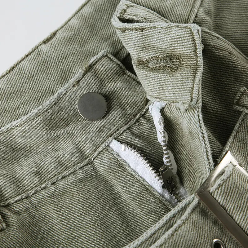 olive green denim jeans double belt shorts featuring a silver button and zipper with double belt adjustable buckle detail