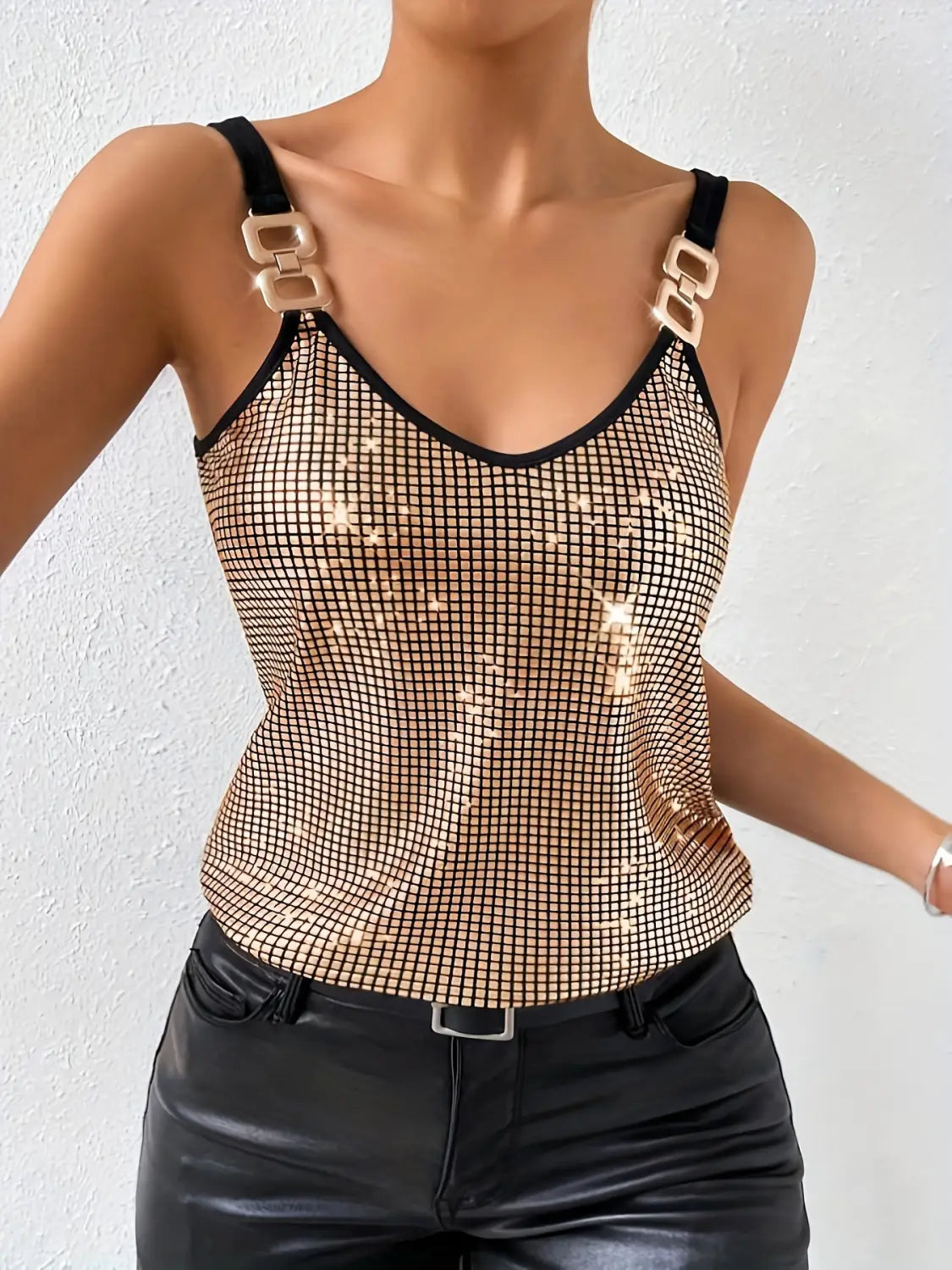 Gold summer sequined suspender chain vest top featuring a gold sequined mesh tank design with black straps and square buckle details.