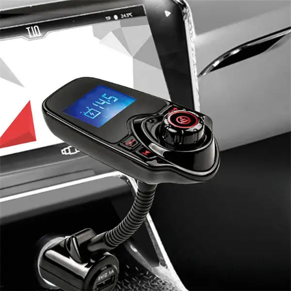 black bluetooth player car adapter with flexible hose featuring a black car phone charger with digital display and red accent buttons designed for automotive use.