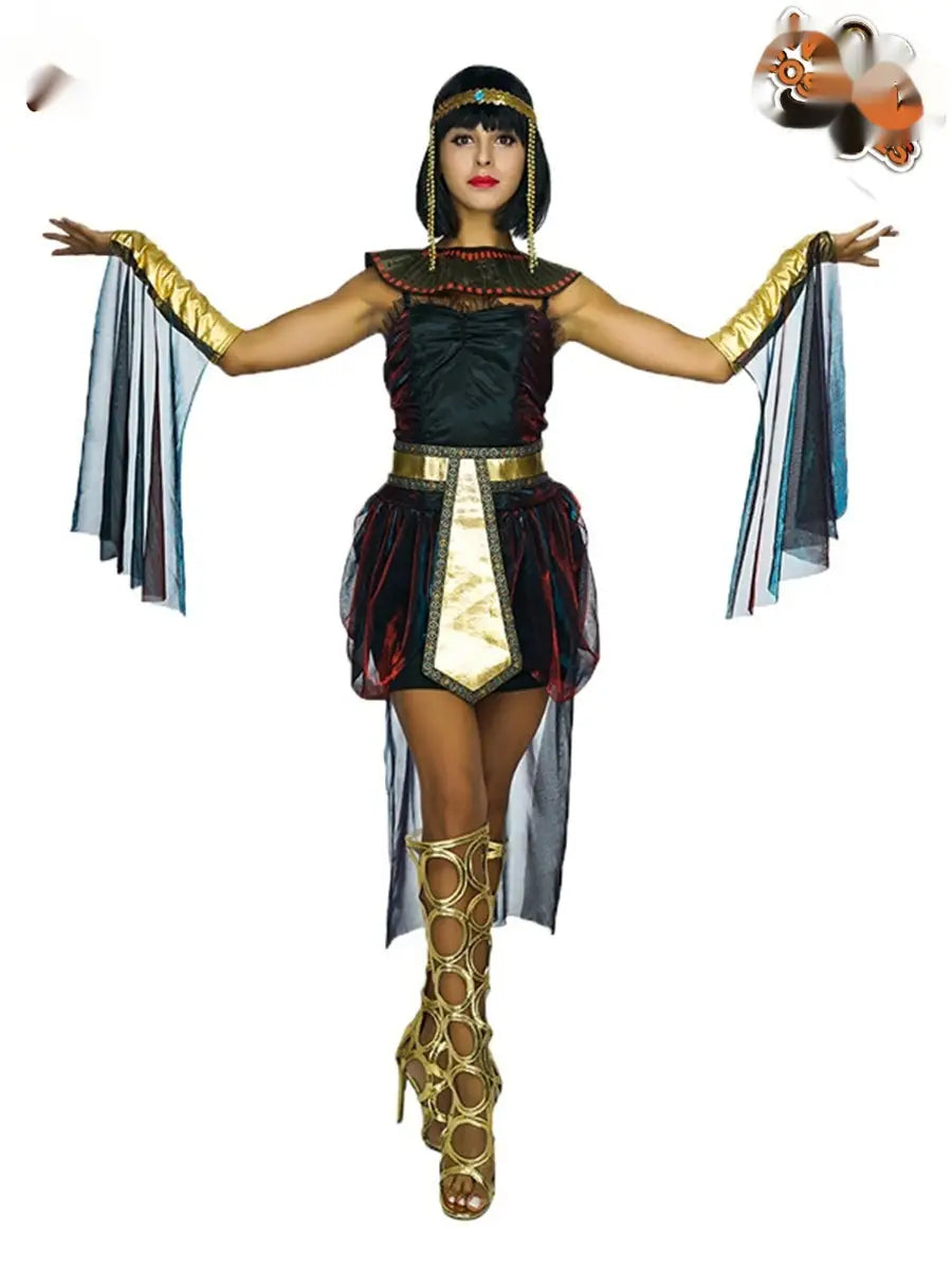 Elegant halloween women’s cleopatra party clothes featuring a black and gold satin dress with sheer blue accents, metallic gold arm cuffs, and matching high-heeled boots for women’s cleopatra role-playing.