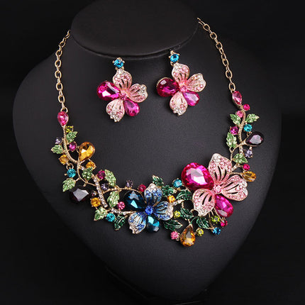 Europe and America luxury color flower crystal drill short clavicle Necklace Earrings Set women bride dinner dress ornaments - Royalessencelux
