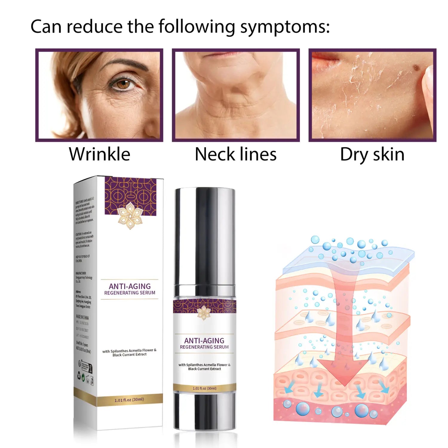 Silver-toned anti-aging regenerating serum bottle with a purple and gold decorative band and a sleek metallic finish designed as a wrinkle hydrating care solution.