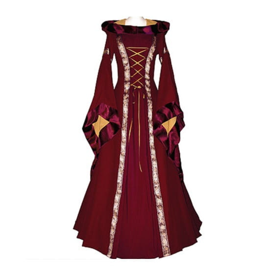 A rich burgundy hooded medieval-style gown featuring a lace-up front and gold-trimmed decorative fabric accents on the sleeves, ideal as a dress revival victorian or halloween dress revival.