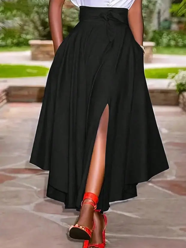 black high waist simple daily slit midi skirt featuring a solid color simple design with a front slit and pleated detail ideal for color simple daily wear.