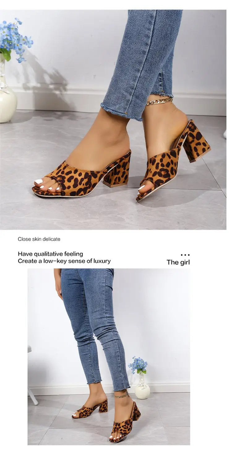 Red leopard square toe sandals featuring a mule design with open toe and summer block heels.