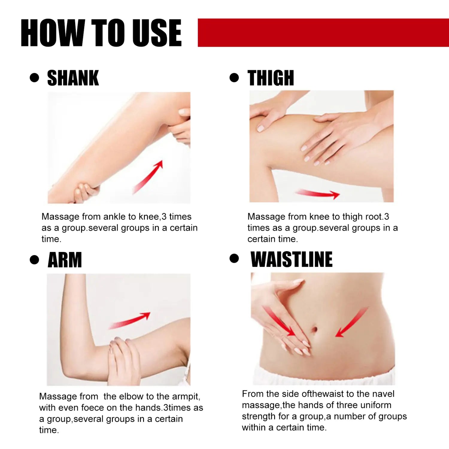 This instructional diagram for exercise strengthening muscle sweat massage cream demonstrates four distinct massage techniques targeting the shank, thigh, arm, and waistline areas.