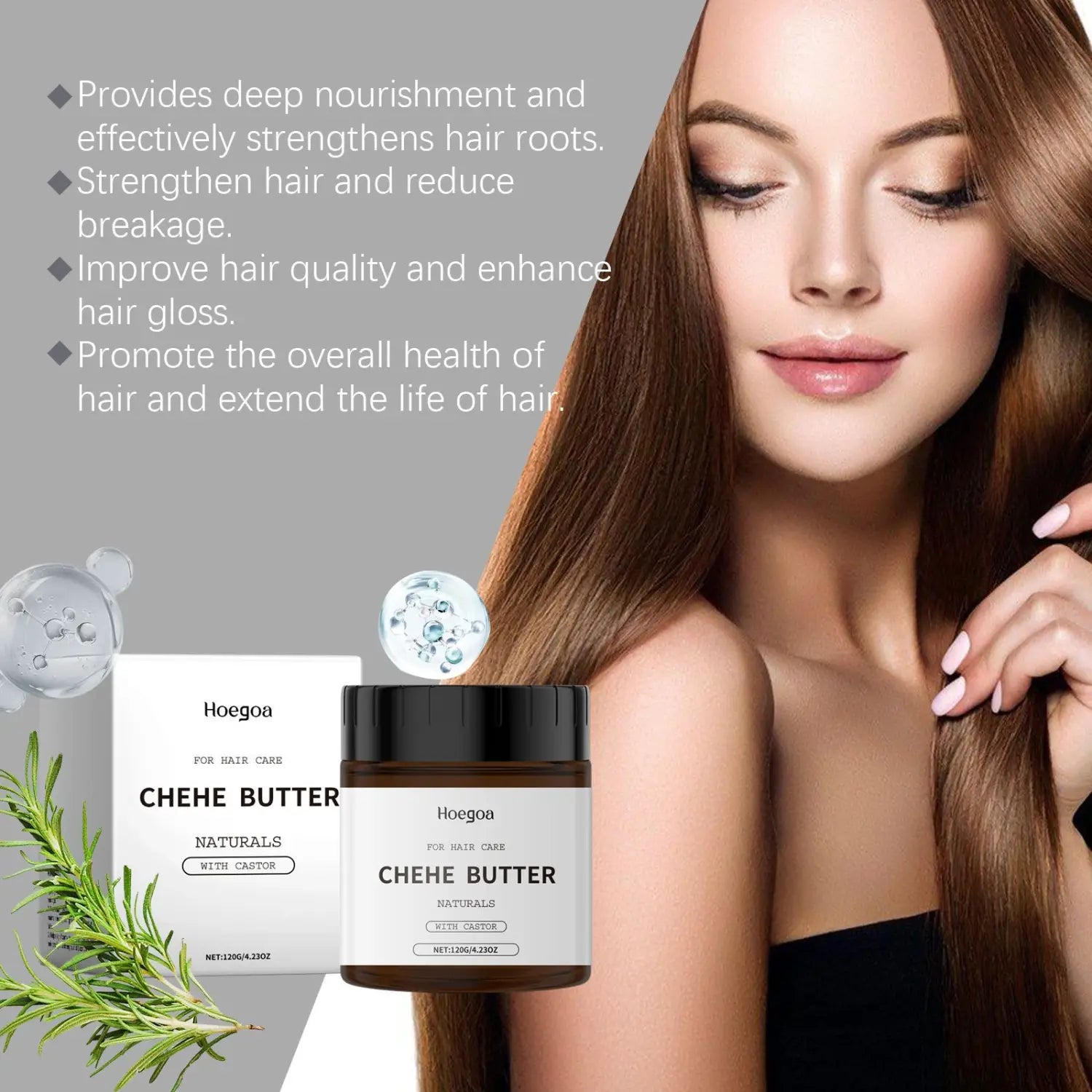 A sleek dark brown glass jar with a black lid and white label featuring the brand hoegoa and product name chehe butter castor oil hair care mask for nourishing hair care treatment.
