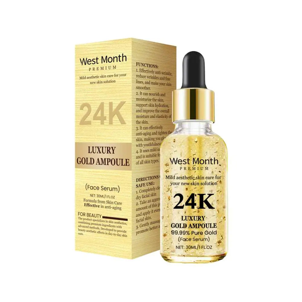 Gold-toned glass bottle of west month premium 24k luxury gold ampoule firming facial lotion with black dropper cap