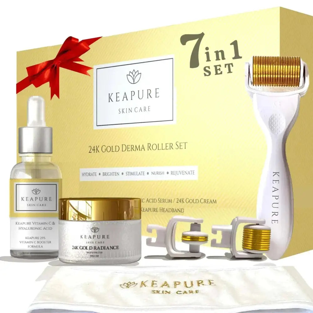 Keapure 24k gold derma roller kit with serum and cream in white and gold packaging featuring hyaluronic acid and spa headband