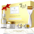 Keapure 24k gold derma roller kit with serum and cream in white and gold packaging featuring hyaluronic acid and spa headband
