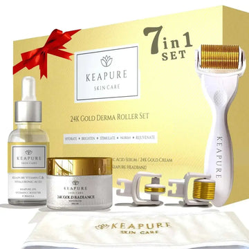 Keapure 24k gold derma roller kit with hyaluronic acid serum cream in elegant white and gold packaging includes spa headband