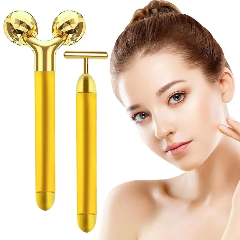 Gold facial roller with faceted diamond-like spheres and sleek metallic handle in 24k gold face roller skin care massager kit