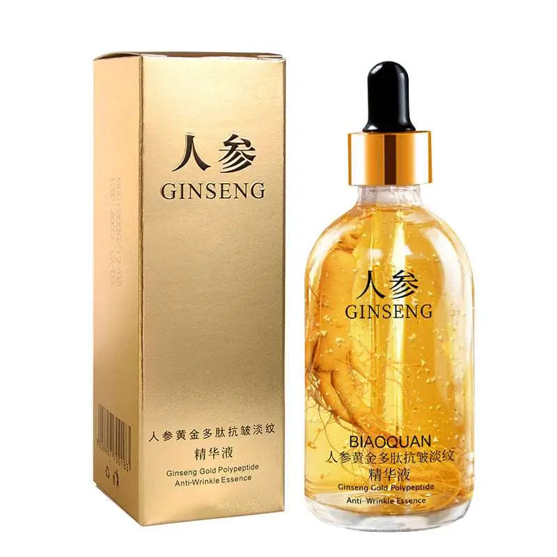 Golden glass bottle with black dropper containing amber ginseng essence lifting gold 24k gold pure hyaluronic acid serum