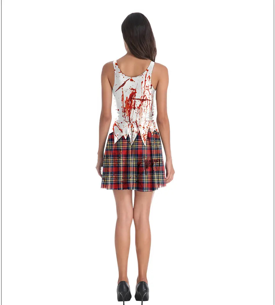 female ghost clothes adult stage plaid skirt set featuring a white and red splatter-printed sleeveless dress paired with a plaid skirt.