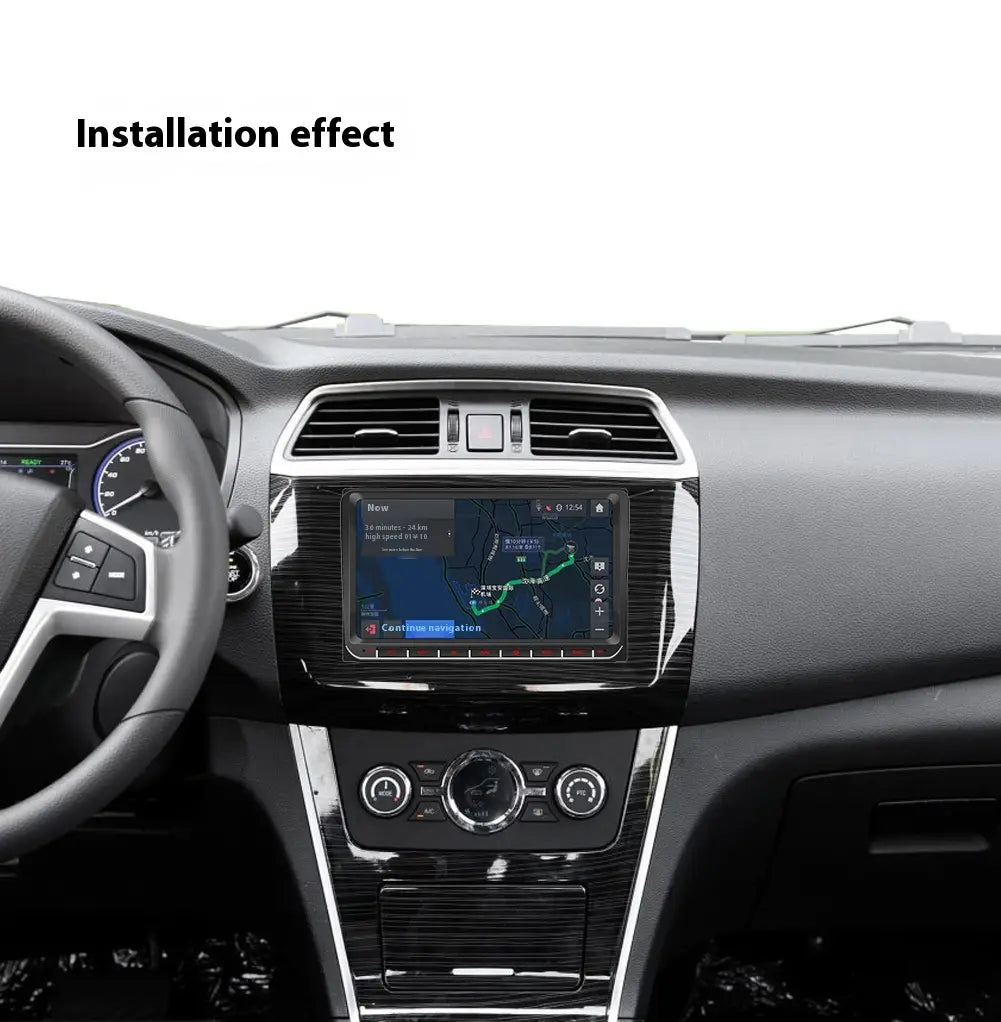 black and silver dashboard trim with wood grain finish designed to enhance the car interior aesthetics for a 9 inch android car bluetooth gps navigation integrated system