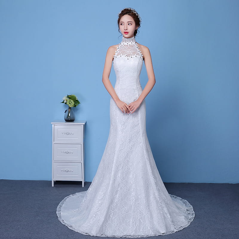 White lace mermaid wedding dress with high neckline and beaded detailing designed for big red wedding with size waist enhancement.