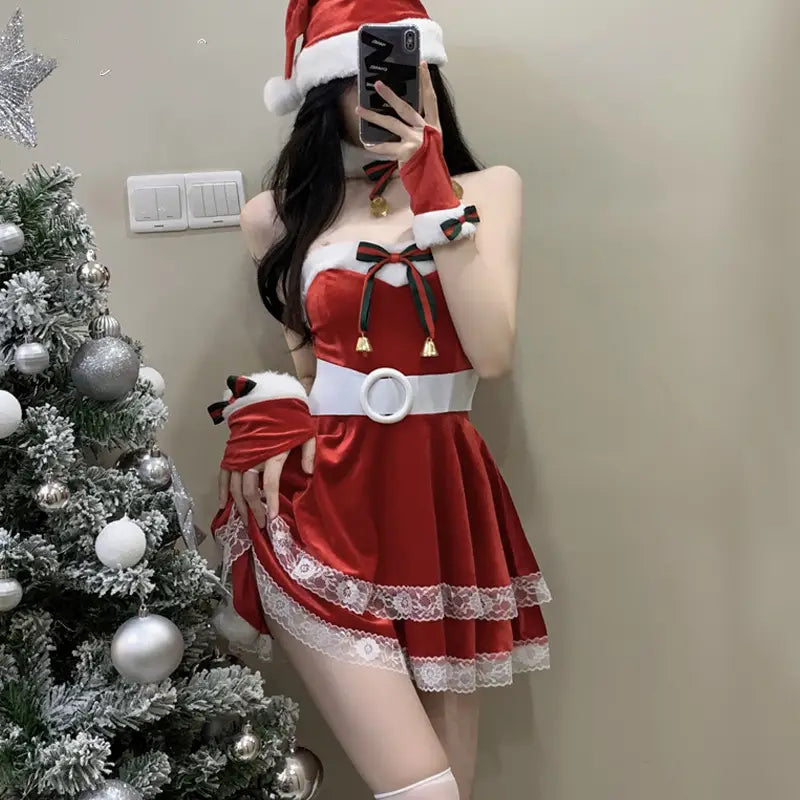 red velvet christmas dress stage anchor costume featuring white lace trim, black and red bow details, and a matching hat made of velvet material.