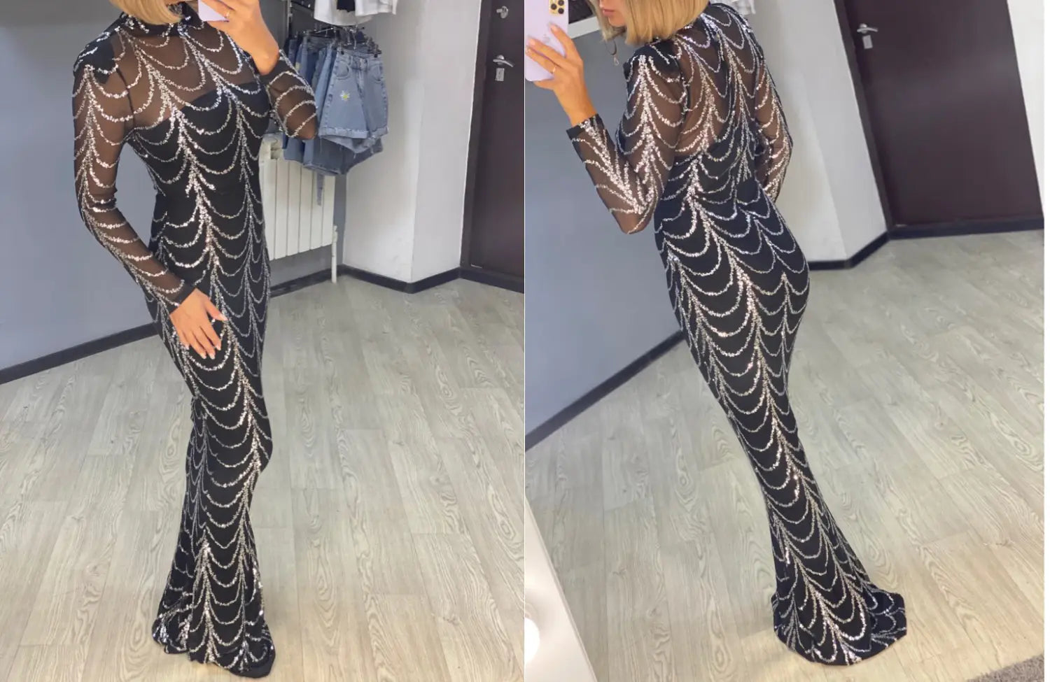 A black long-sleeved floor-length women maxi dress with a sheer mesh overlay and intricate silver beaded sequins forming cascading wave designs.