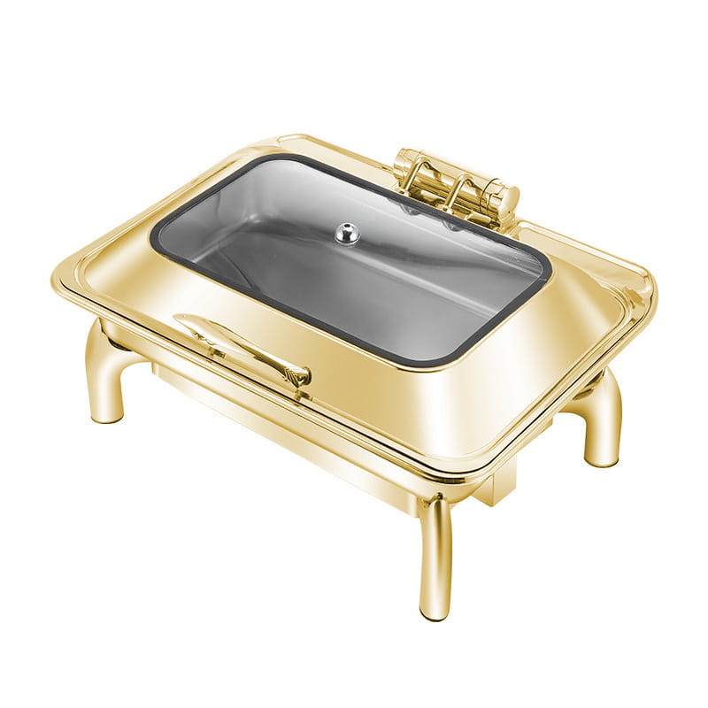 Gold stainless steel hotel restaurant bufei buffet stove featuring a gold-colored chafing dish with a glass lid and stainless steel interior.