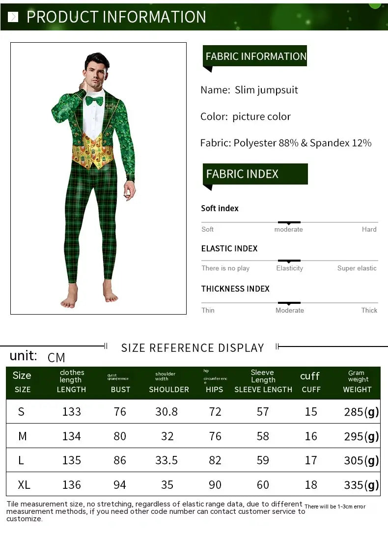 green plaid slim jumpsuit with a white shirt and green bow tie featuring a gold patterned waistband in a st patricks day green bow digital print jumpsuit.