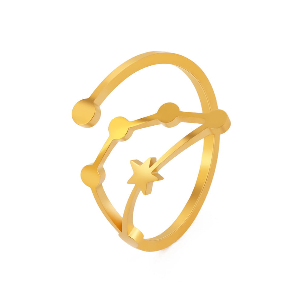 Personalized stainless steel gold-toned constellation ring featuring a central star and connected spherical beads.