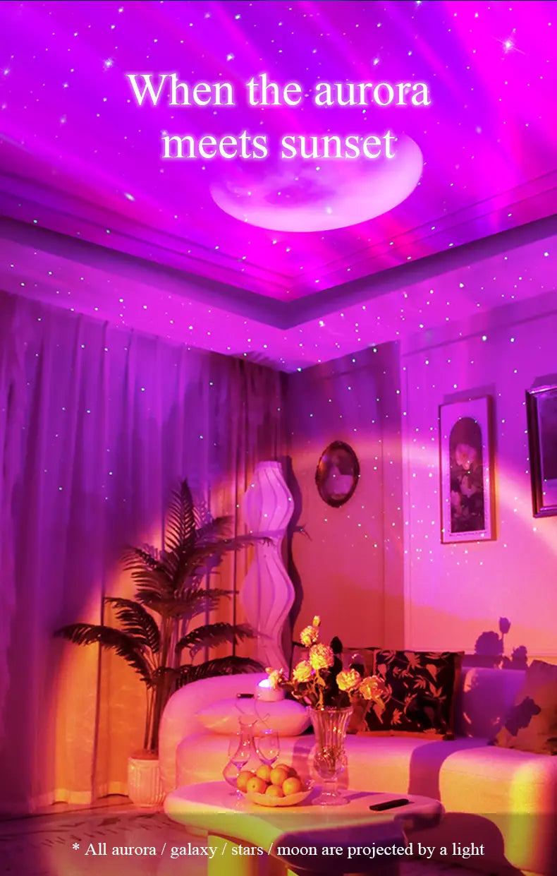Purple starry ceiling light of double effect northern lights projector lamp projecting aurora and moon effects.