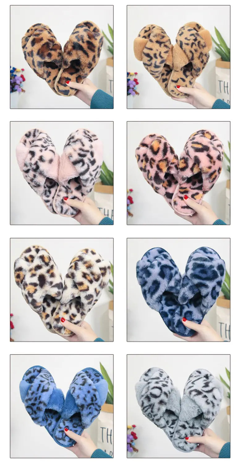 pink cross strap fuzzy slippers leopard feature soft plush heart-shaped design in tan pink blue and gray colors as comfortable leopard plush house shoes