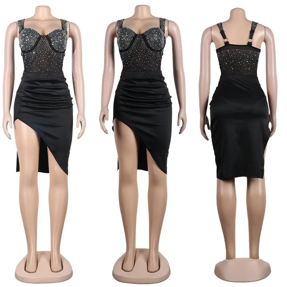 black sequined and mesh strapless dress with high slit from rhinestone sling backless two-piece set two colors in elegant eveningwear design