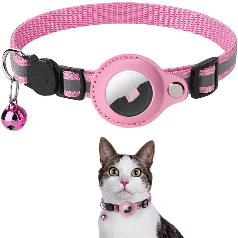 pink woven reflective collar waterproof with black plastic buckle and reflective stripes featuring a matching pink waterproof holder case for airtag and a dangling metallic bell