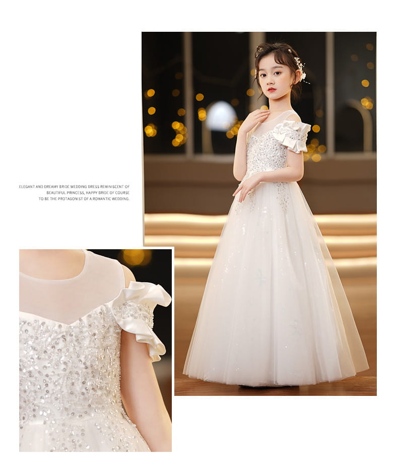 Elegant white off-the-shoulder spandex princess dress with sparkling beaded embellishments and delicate ruffled sleeves suitable as a girls tulle tutu.