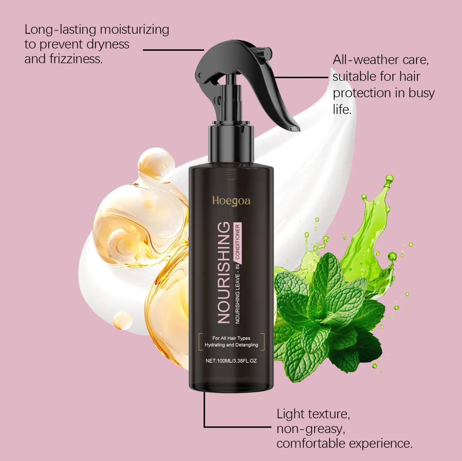 Black spray bottle of Hoegoa nourishing disposable hair care leave-in conditioner with sleek curved nozzle and minimalist label for nourishing disposable hair use.