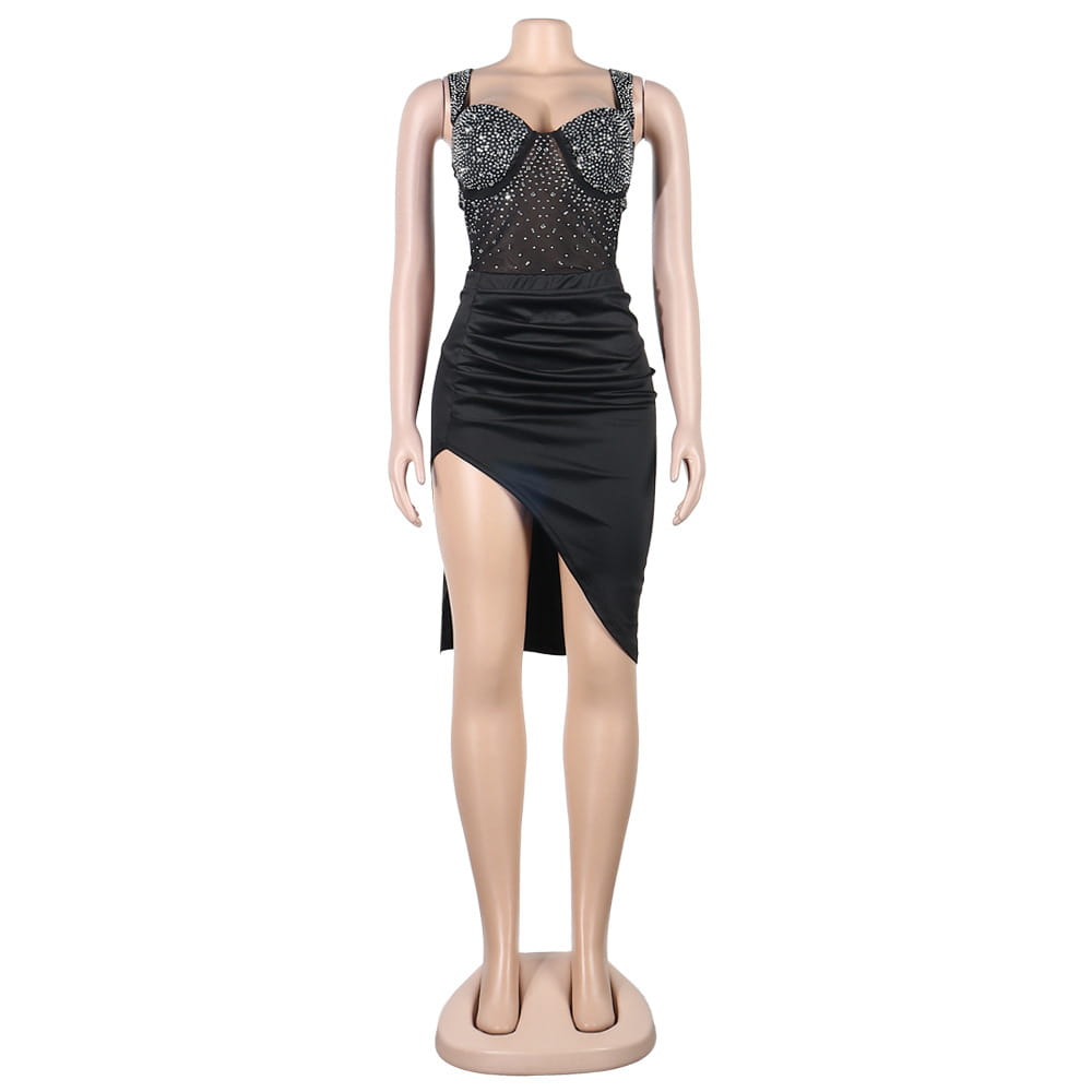 black sequined rhinestone sling backless corset top paired with a satin skirt featuring an asymmetrical high slit in a set two colors design