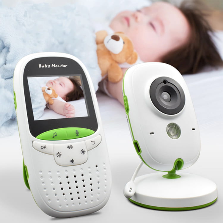 white and green 2 inch wireless intercom baby video monitor system with a handheld receiver displaying the camera feed for remote baby monitoring.