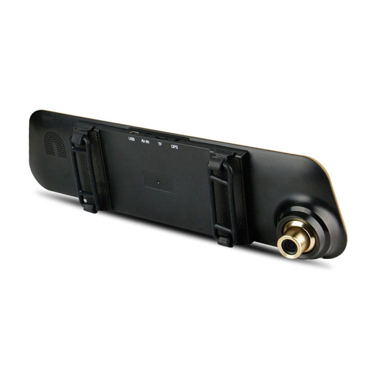 Black rearview mirror driving recorder with a gold-colored lens housing and integrated mounting clips for car rearview mirror driving use.