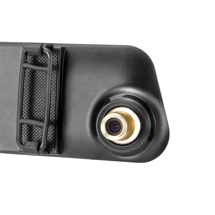 black rearview camera with a gold-rimmed lens and mesh strap attachment shown from the back side of a touchscreen car rearview mirror driving recorder for mirror driving recorder use