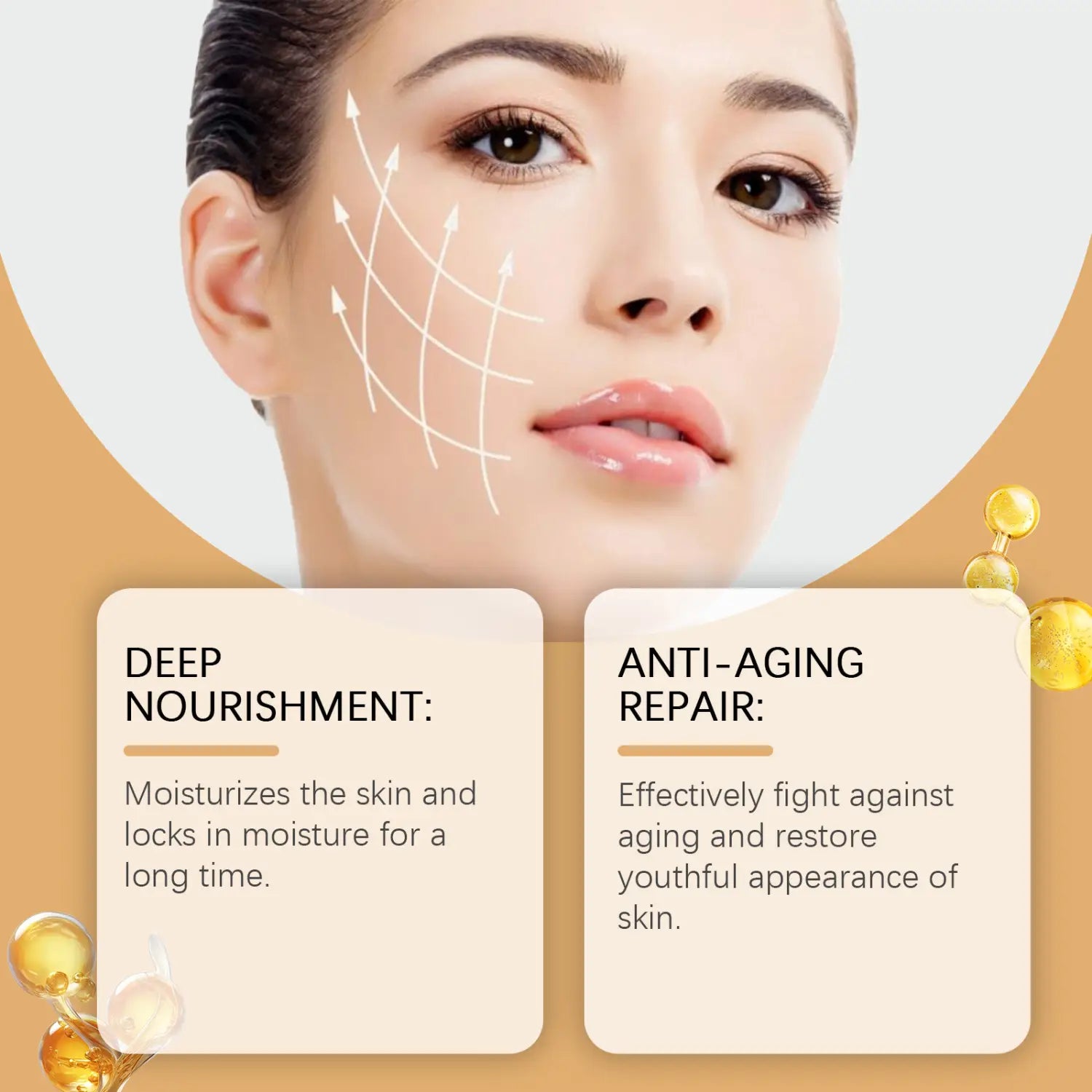 A woman with smooth glowing skin and defined features showcases the effects of an anti-aging moisturizer that hydrates and lightens lines.