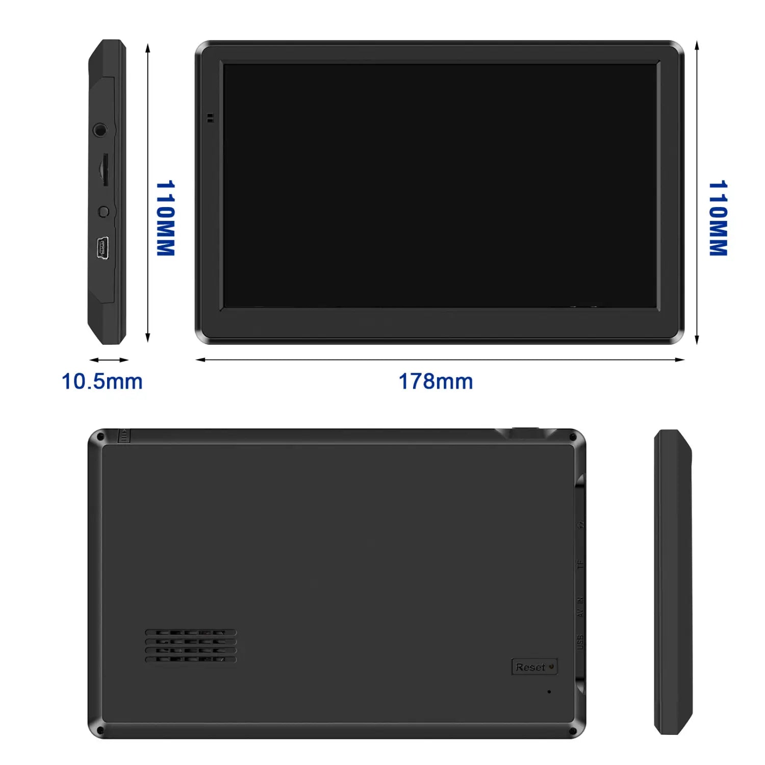 Black portable 7-inch on-board gps navigator with a slim profile and matte finish for car wagon use.