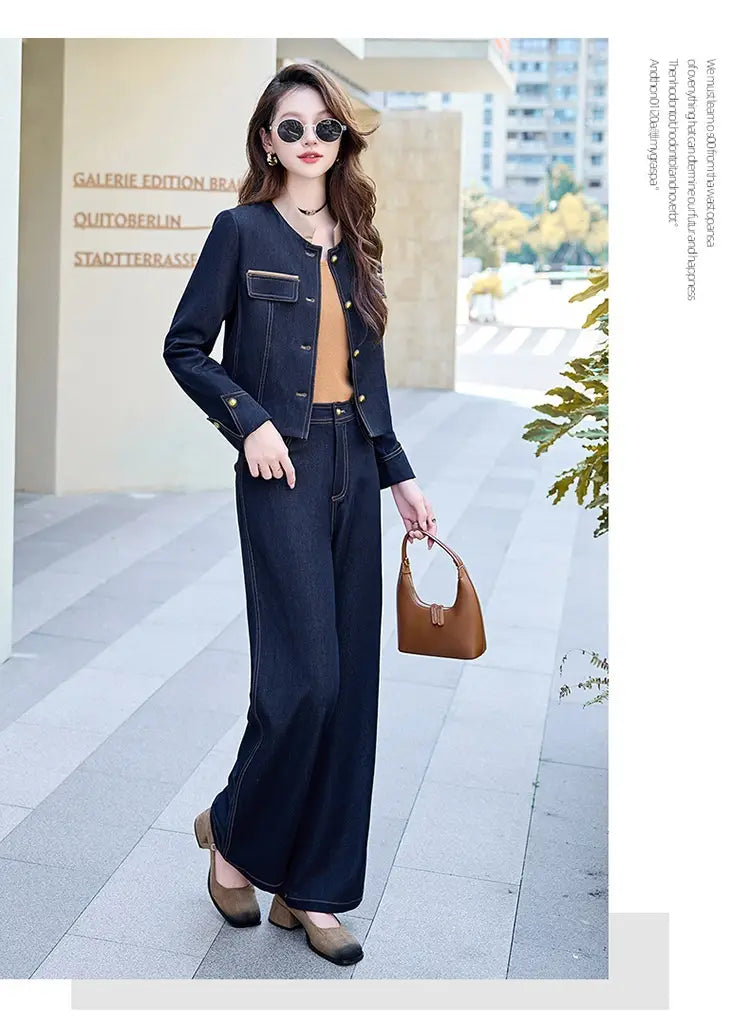 Dark blue denim jacket with gold-tone buttons and front pocket detail from the elegance retro casual denim jacket and pants set.