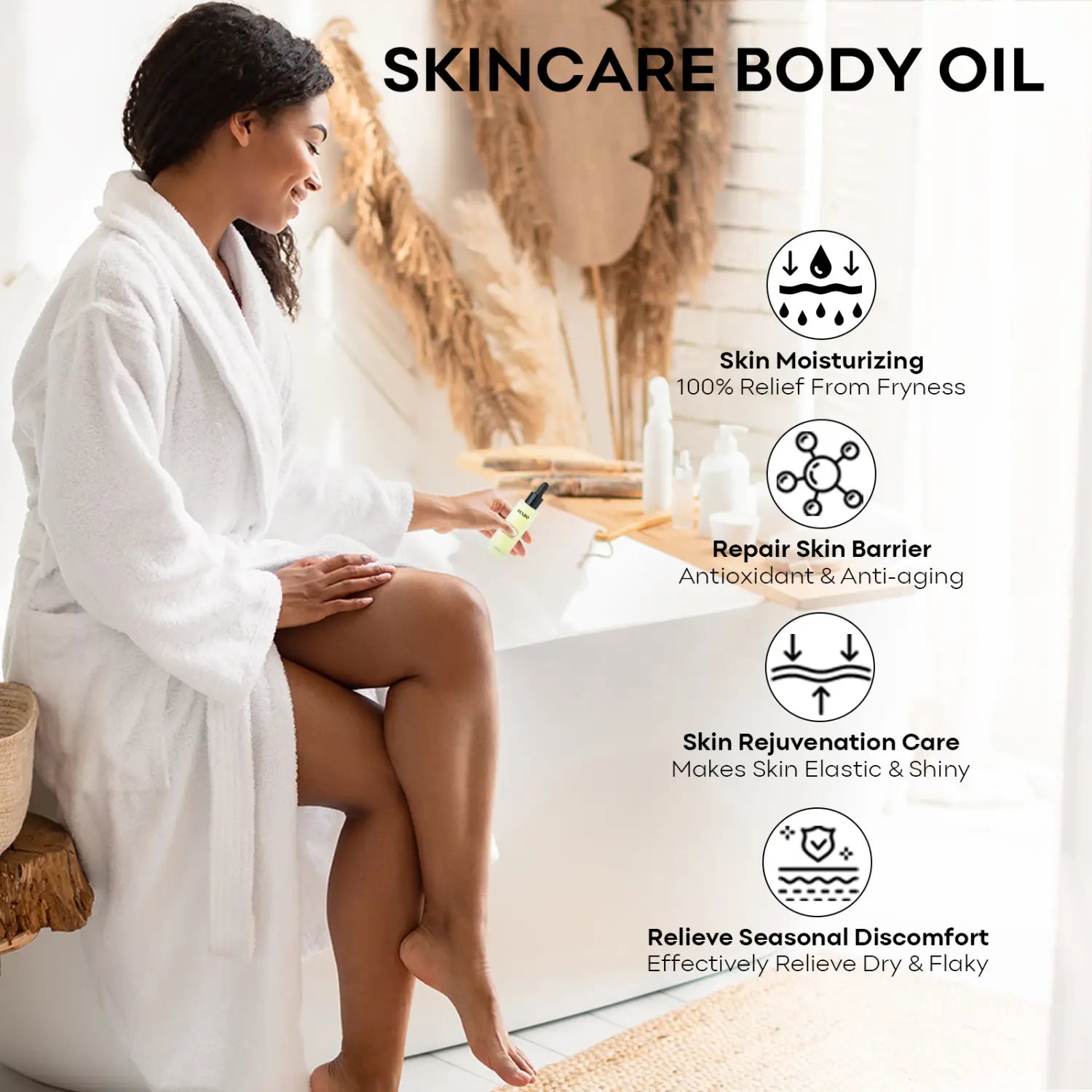 a sleek transparent bottle with a black dropper cap contains body care essential oils for skincare use