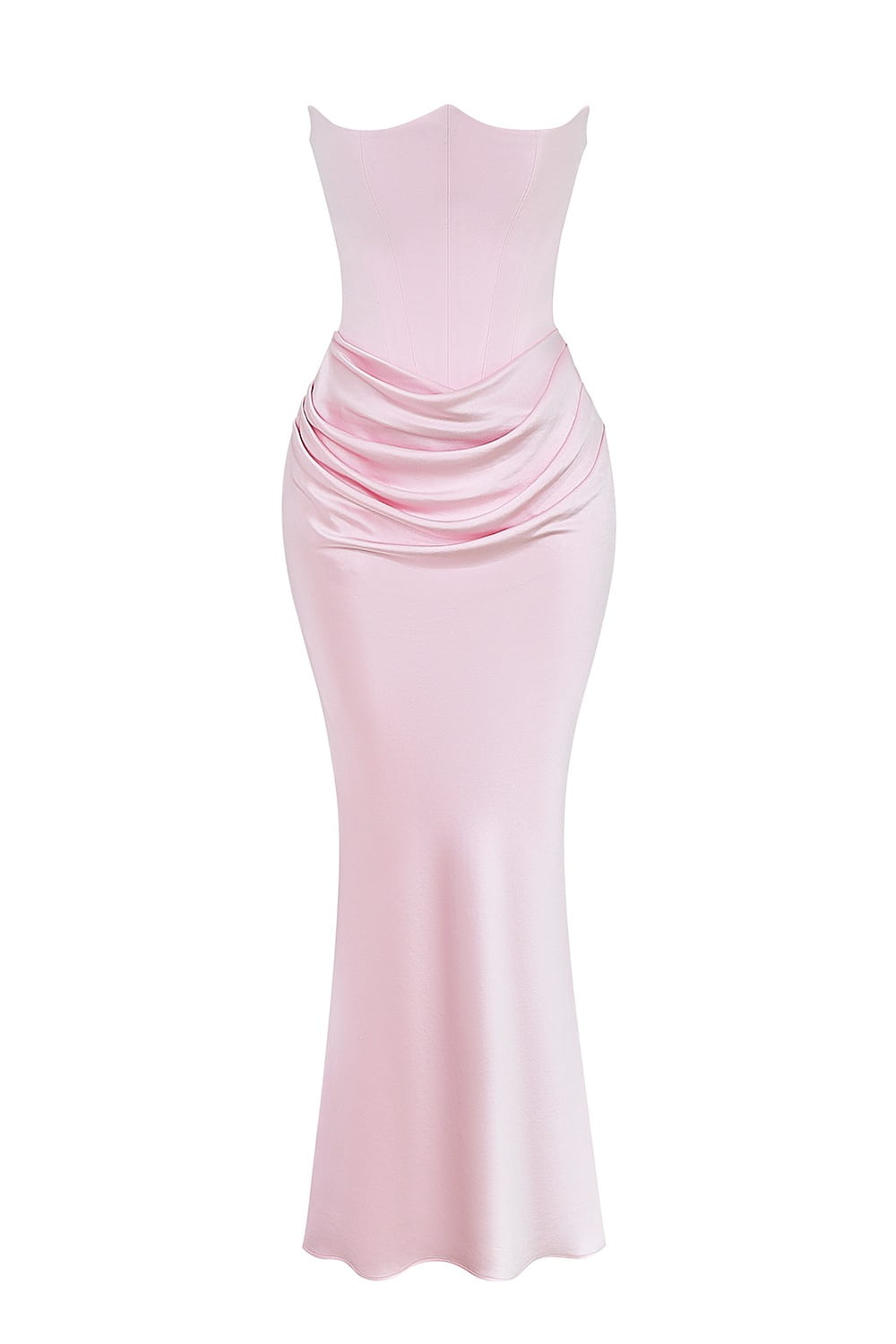 A sleek strapless pink satin long dress sexy fashion bandeau mermaid gown with ruched waist detail.