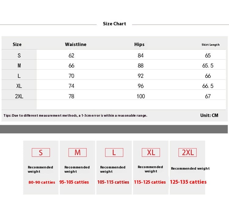size chart for gray textured line sheath skirt showing measurements in centimeters and recommended weight ranges by size for an elegant tight skirt design.