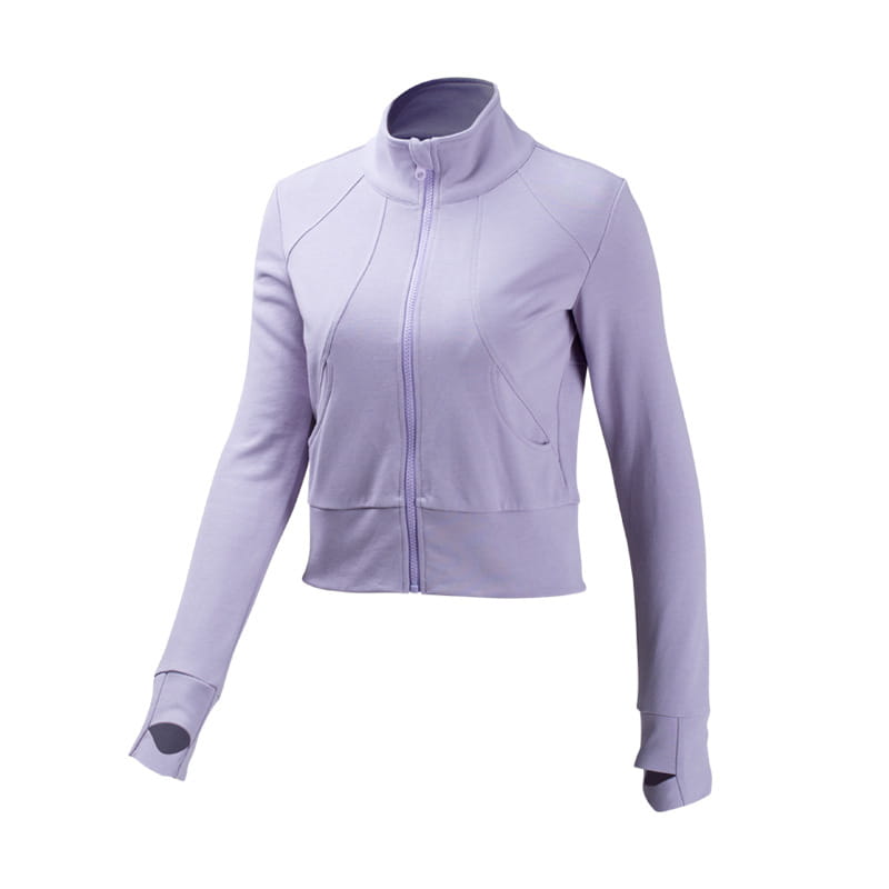 a lavender-colored, long-sleeved zip-up jacket with a high collar and elastic cuffs featured in the royale essence lux winter running sport coat collection.