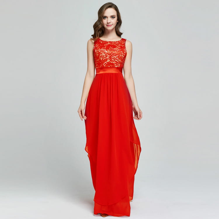 A vibrant red lace spliced chiffon gown featuring a sleeveless design with an intricate lace bodice and a flowing chiffon skirt.